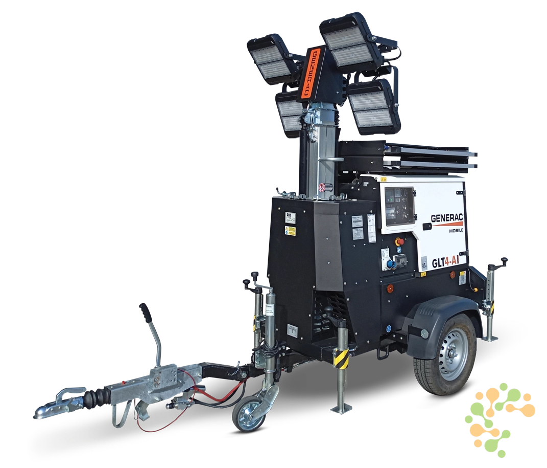 GLT4-A Hybrid Solar lighting tower with both 200Wp panels Packed in and mast lowered