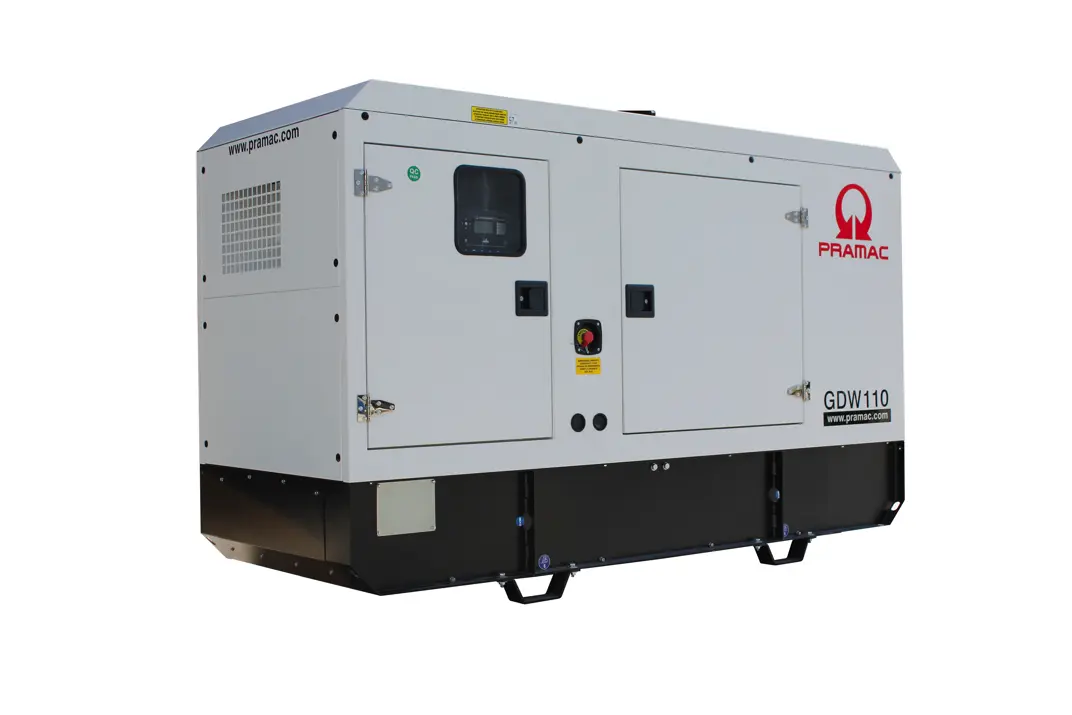 Pramac GDW110 canopy diesel generator, angle view