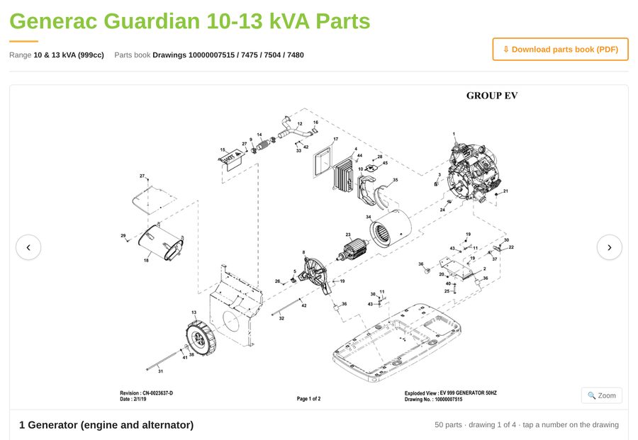 Generac Guardian 10-13 kVA spare parts diagram