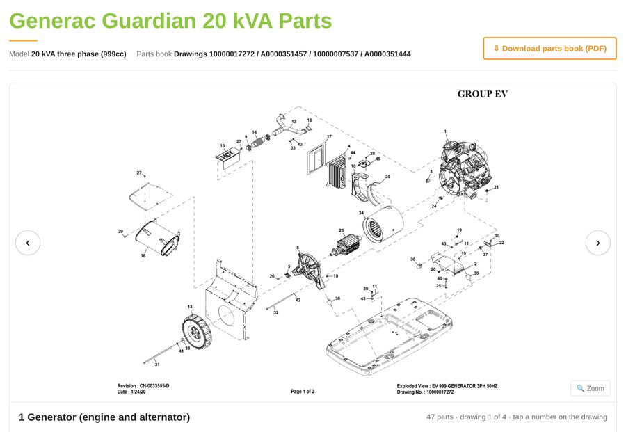 Generac Guardian 20 kVA spare parts diagram